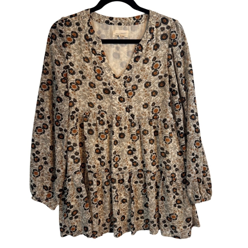 Melloday Tunic Top Floral Babydoll Small Cream Women Long Sleeve Tunic Mini